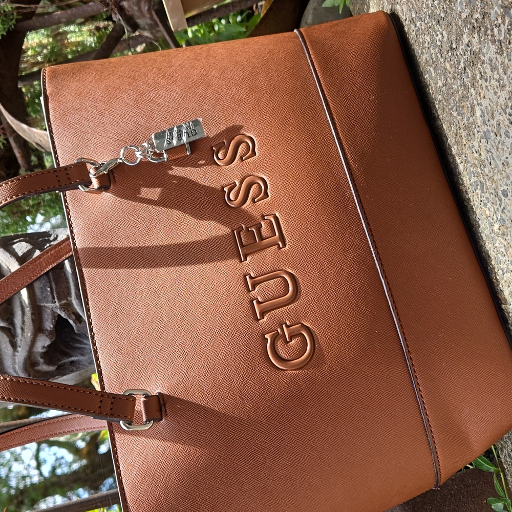GUESS "RODNEY" Carmel Crosshatch Structured vinyl Tote NWOT (BIN 001)